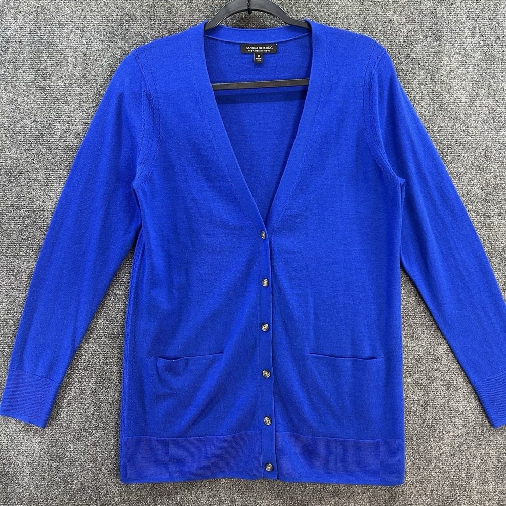 Banana Republic Cardigan Sweater Womens Medium Merino Wool Blue V-Neck Button